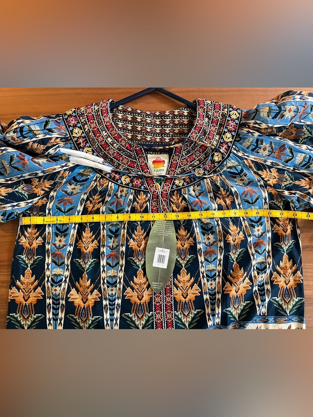Farm Rio Blue Embroidered Tapestry Tassels Puff Sleeve Blouse - Picture 6 of 9